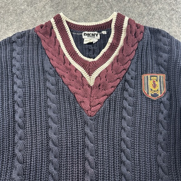 Vtg 90s Y2K DKNY Womens Sweater S Chunky Cable Knit Blue Academia V Neck USA - Picture 1 of 10